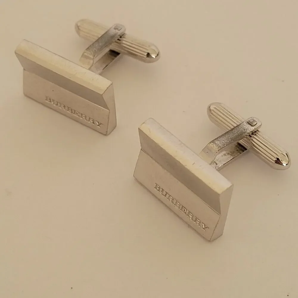 Burberry Cufflinks Set Silver Tone Logo Rectangle Geometric Designer Minimalist